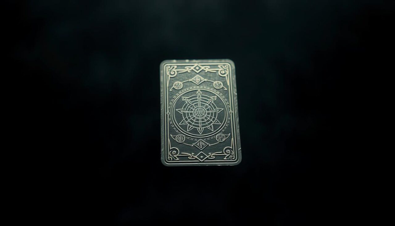 A single tarot card lying face down on a dark table, ready to be turned over