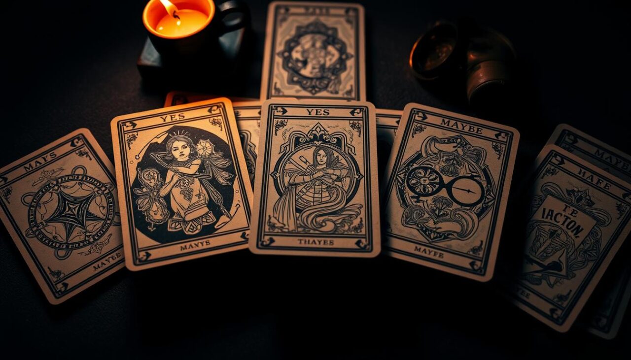 Tarot cards marked yes and maybe laid out by candlelight on a dark table