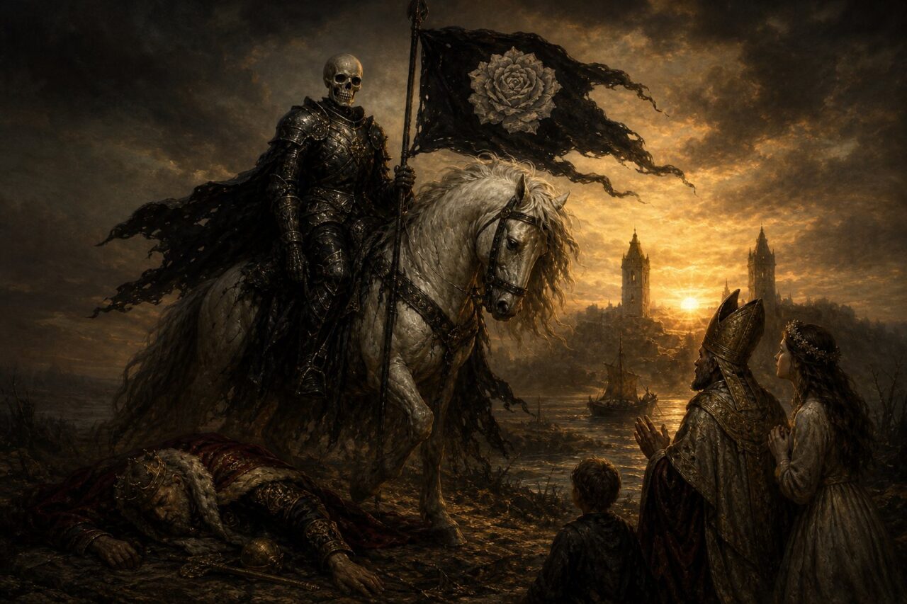 Skeleton in black armor on white horse carrying a black banner with a white rose, fallen king, bishop, young woman, child, sunrise between towers, boat on river