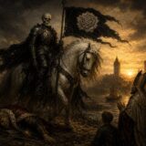 Skeleton in black armor on white horse carrying a black banner with a white rose, fallen king, bishop, young woman, child, sunrise between towers, boat on river