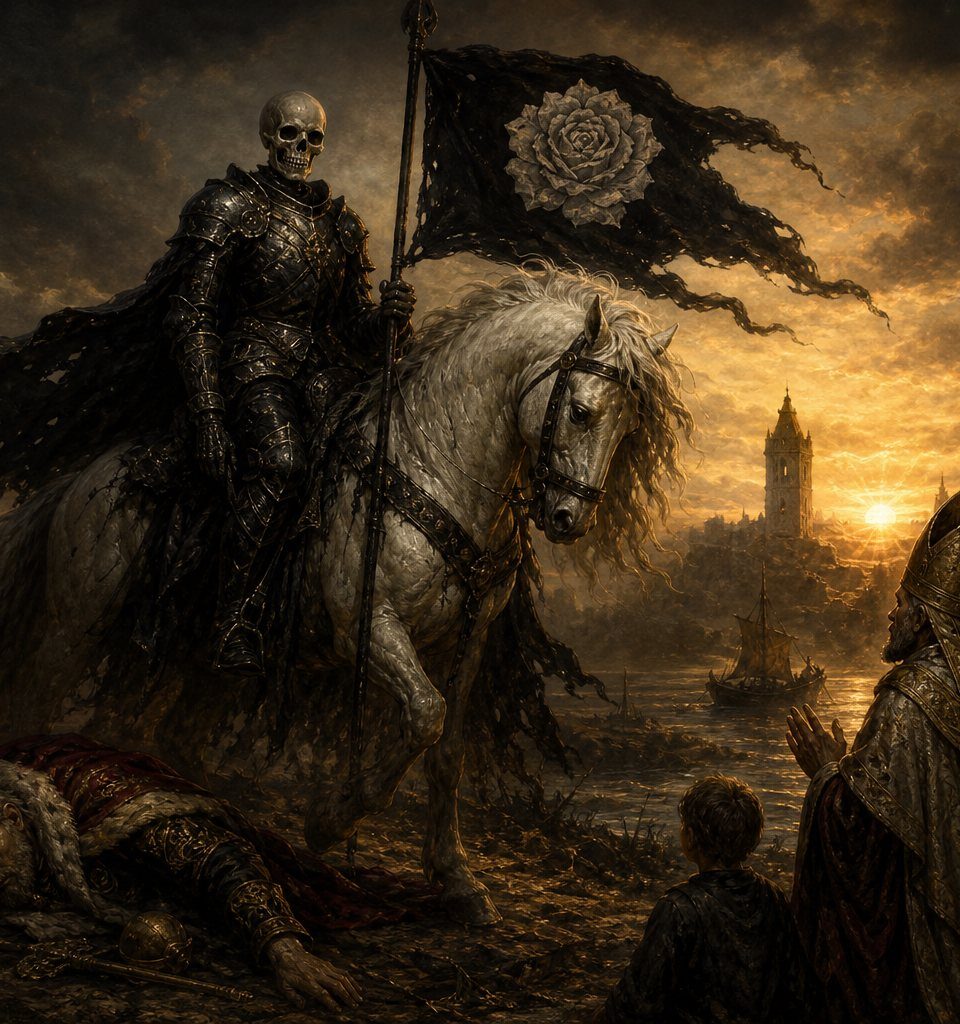 Skeleton in black armor on white horse carrying a black banner with a white rose, fallen king, bishop, young woman, child, sunrise between towers, boat on river