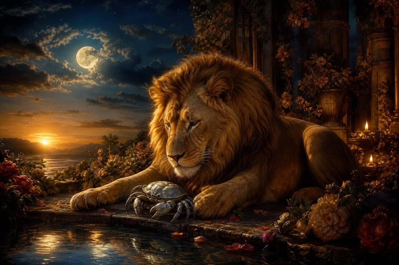Golden lion and silver crab beside moonlit water symbolizing Leo and Cancer compatibility