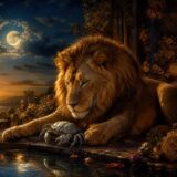 Golden lion and silver crab beside moonlit water symbolizing Leo and Cancer compatibility