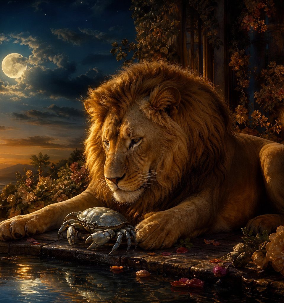 Golden lion and silver crab beside moonlit water symbolizing Leo and Cancer compatibility