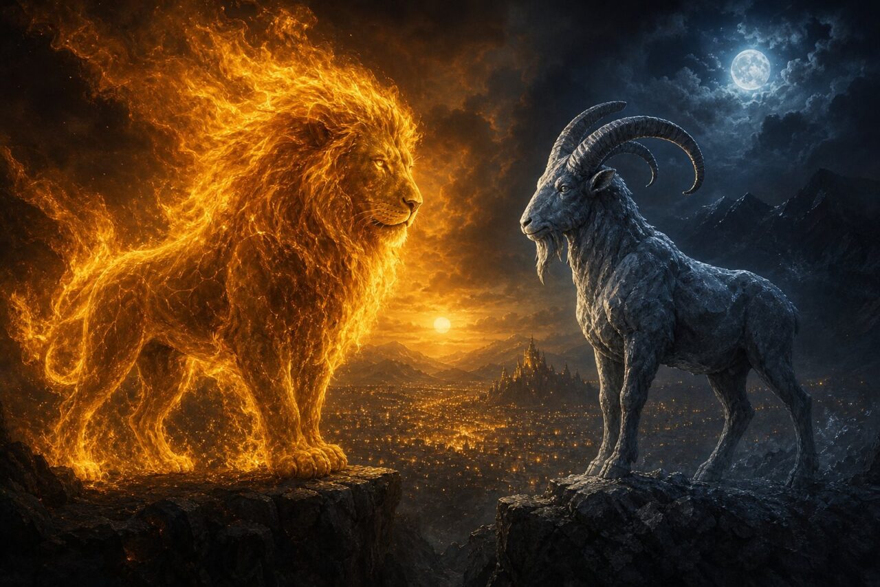 Leo lion and Capricorn goat facing each other above a glowing city