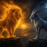 Leo lion and Capricorn goat facing each other above a glowing city