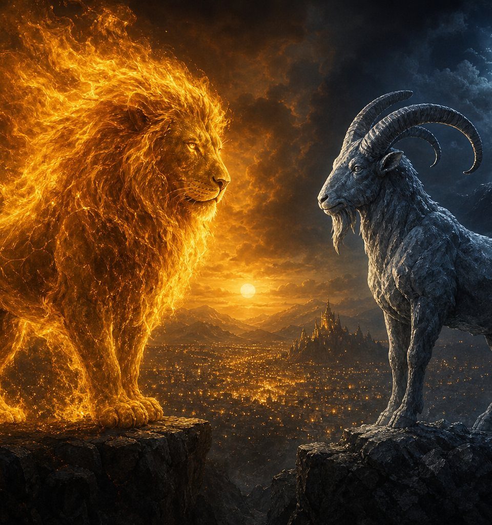 Leo lion and Capricorn goat facing each other above a glowing city