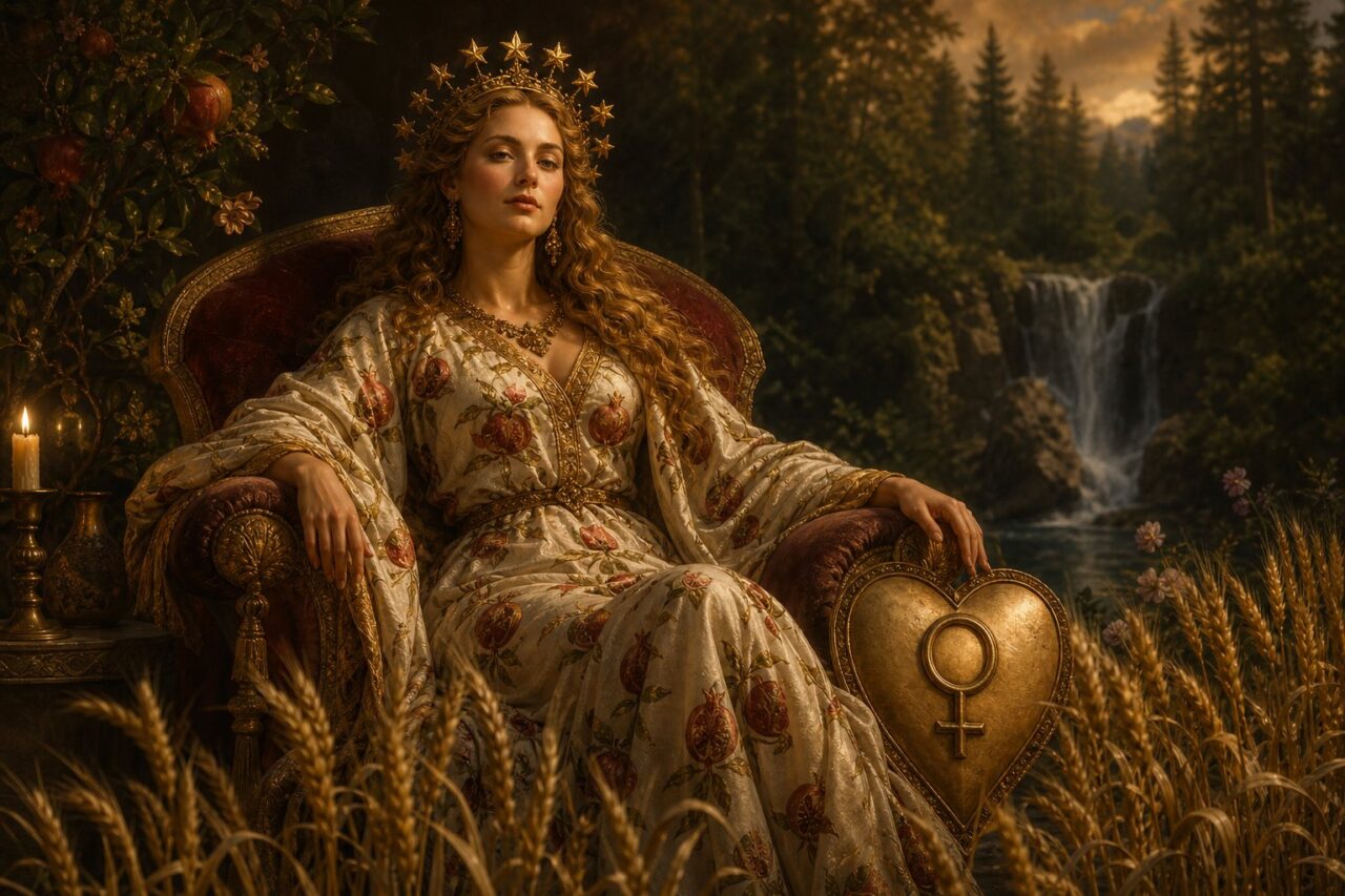 Woman on cushioned throne with star crown, wheat, forest, waterfall, and Venus shield