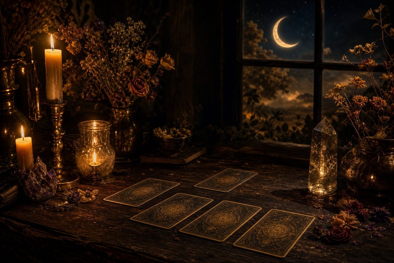 Candlelit still life with tarot cards, a crystal and a crescent moon