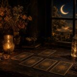 Candlelit still life with tarot cards, a crystal and a crescent moon