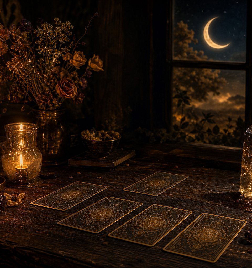 Candlelit still life with tarot cards, a crystal and a crescent moon