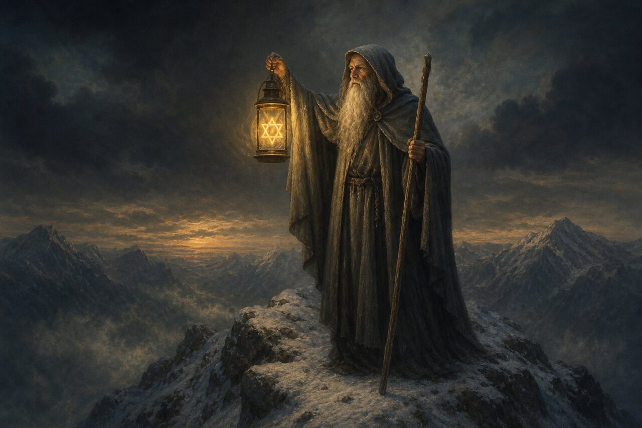 Old man in grey cloak holding a lantern containing a six-pointed star and leaning on a long staff on a snowy mountain peak