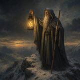 Old man in grey cloak holding a lantern containing a six-pointed star and leaning on a long staff on a snowy mountain peak