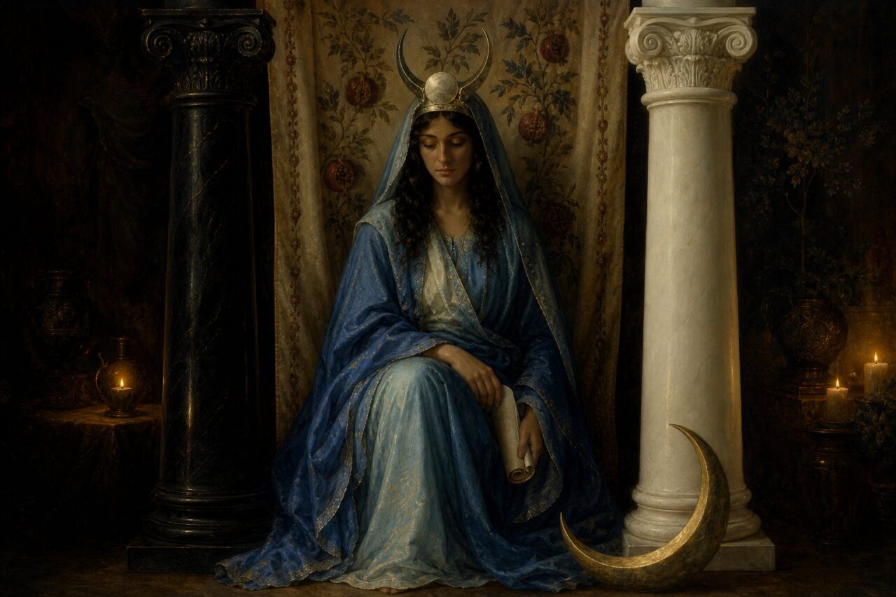Woman in blue robes between a black pillar marked B and a white pillar marked J, wearing a horned crown with a disk, holding a partly hidden scroll marked TORA, with a crescent moon at her feet and a pomegranate veil behind her