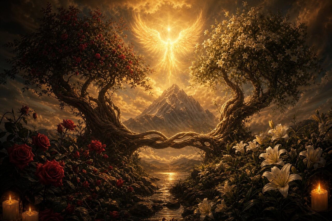 Two intertwined trees beneath a radiant winged sun, symbolizing The Lovers tarot card