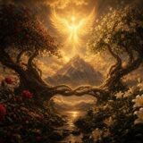 Two intertwined trees beneath a radiant winged sun, symbolizing The Lovers tarot card