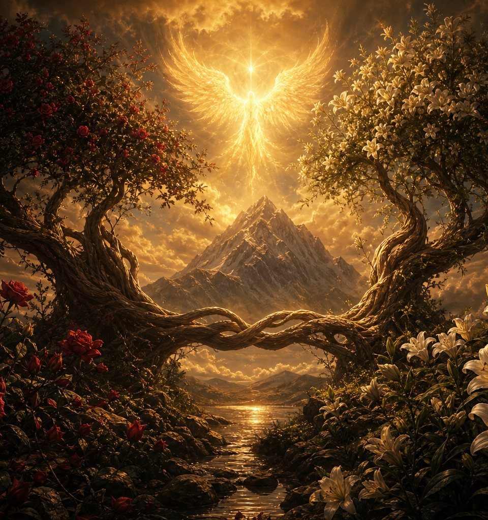 Two intertwined trees beneath a radiant winged sun, symbolizing The Lovers tarot card