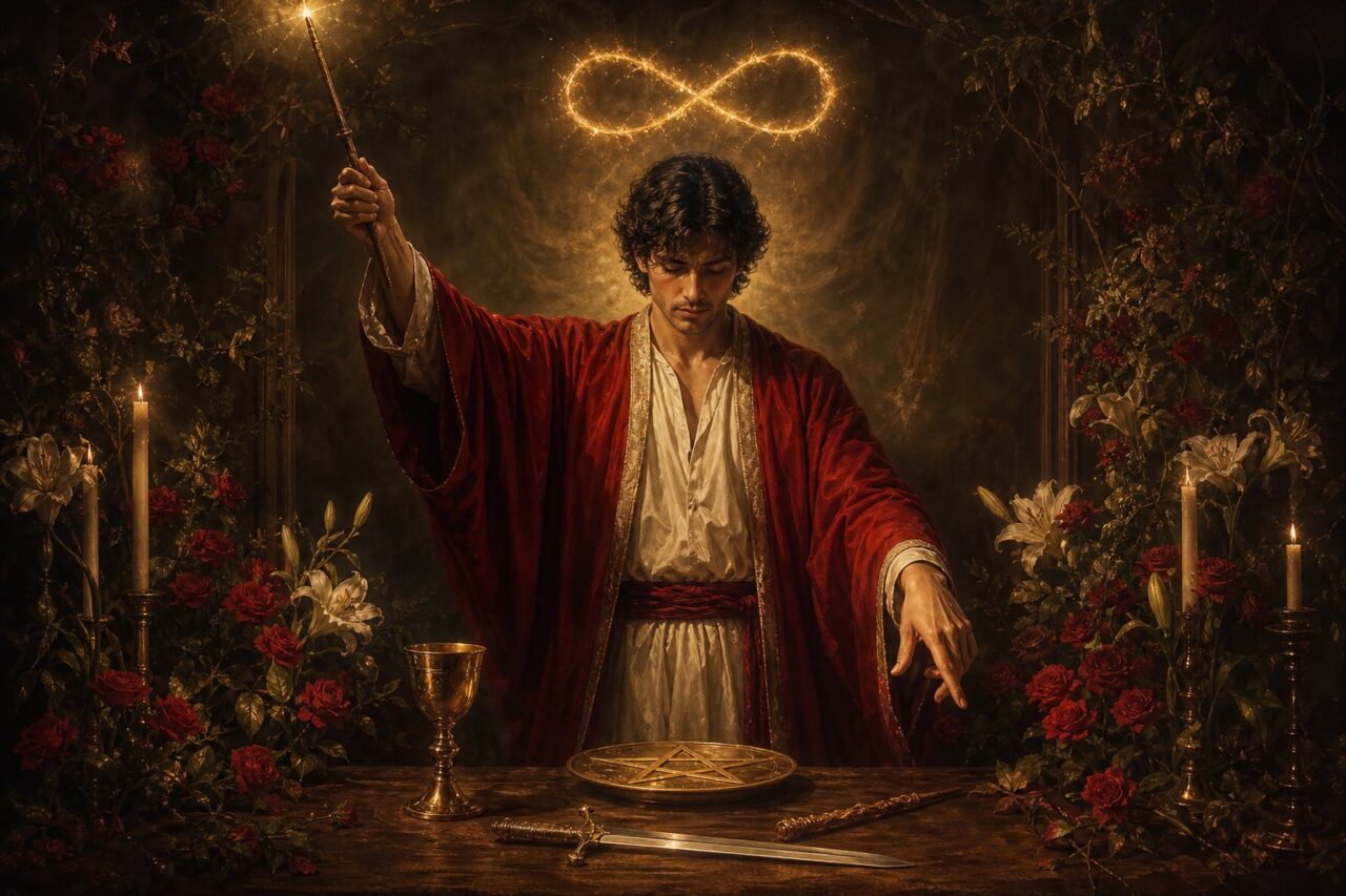 The Magician with raised wand, table tools, roses, lilies, and infinity symbol
