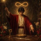 The Magician with raised wand, table tools, roses, lilies, and infinity symbol