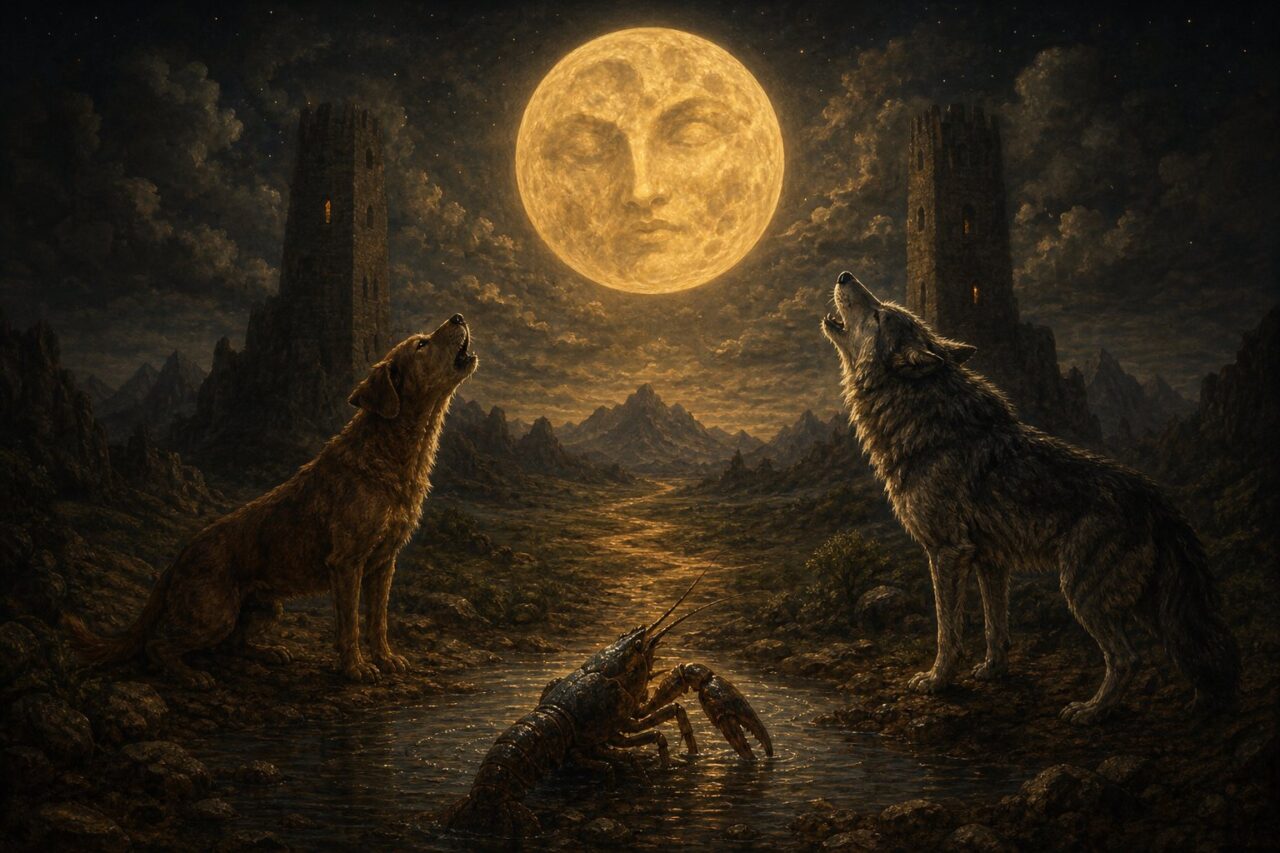 Full moon with a face between two towers, dog and wolf howling, crayfish by pool, winding path to mountains