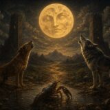 Full moon with a face between two towers, dog and wolf howling, crayfish by pool, winding path to mountains