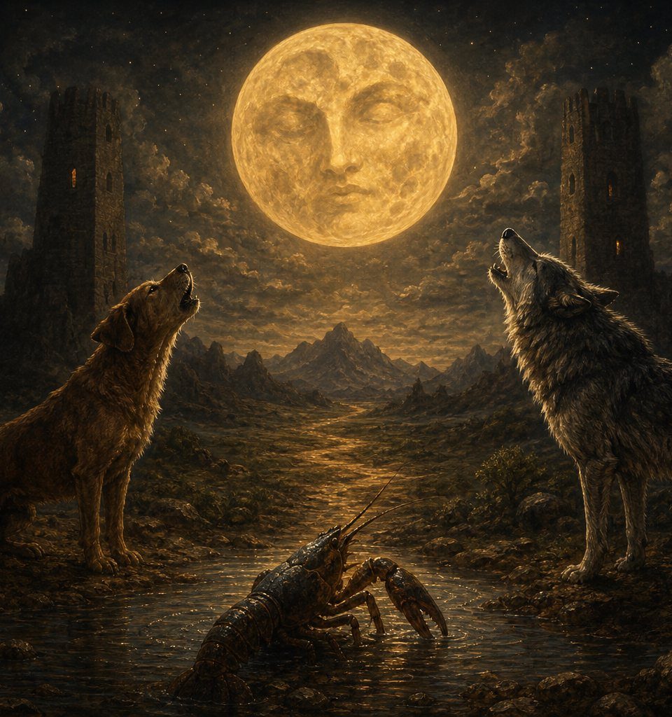 Full moon with a face between two towers, dog and wolf howling, crayfish by pool, winding path to mountains