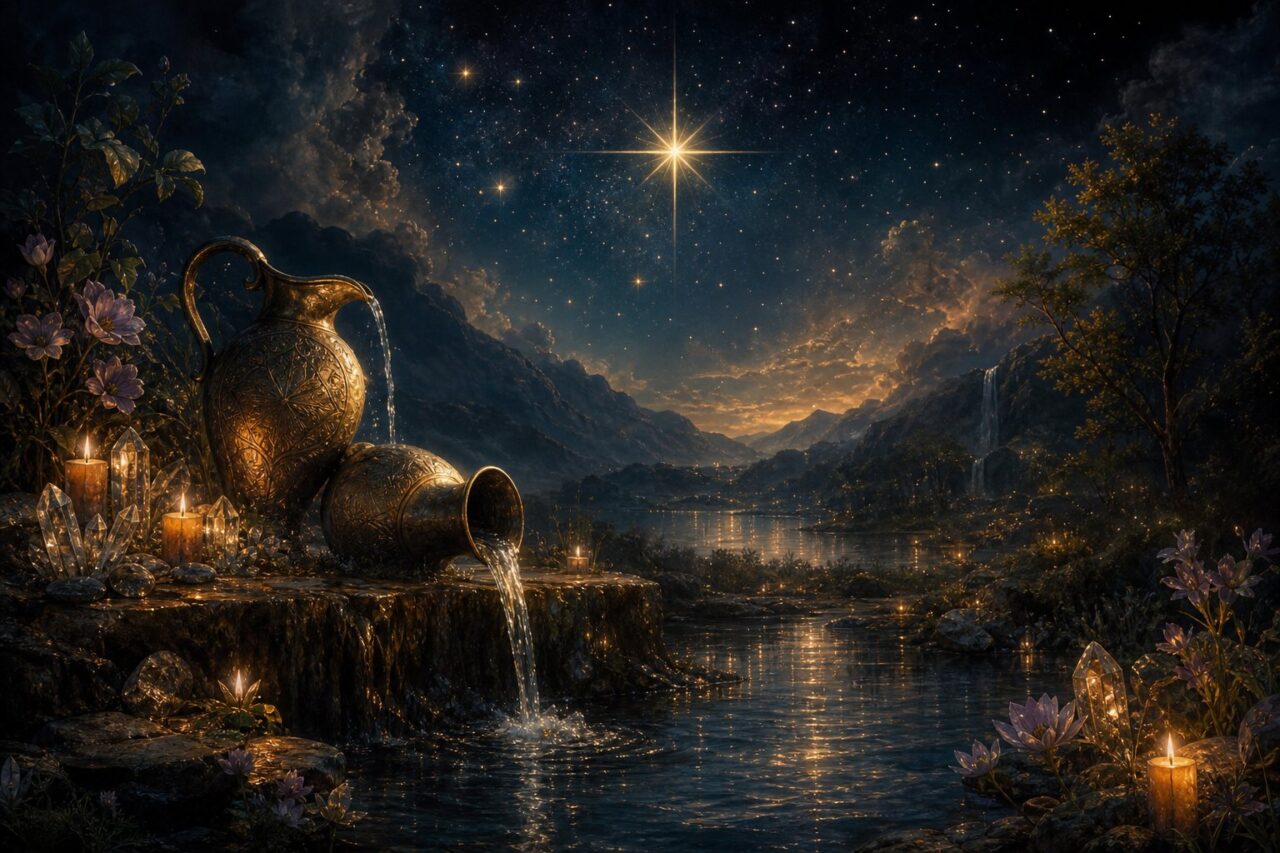 A naked woman kneels by a pool under a large eight-pointed star surrounded by seven smaller stars, pouring water from one jug into the pool and from another onto the land, with a bird perched in a tree behind her