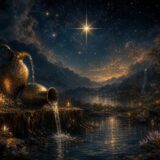 A naked woman kneels by a pool under a large eight-pointed star surrounded by seven smaller stars, pouring water from one jug into the pool and from another onto the land, with a bird perched in a tree behind her