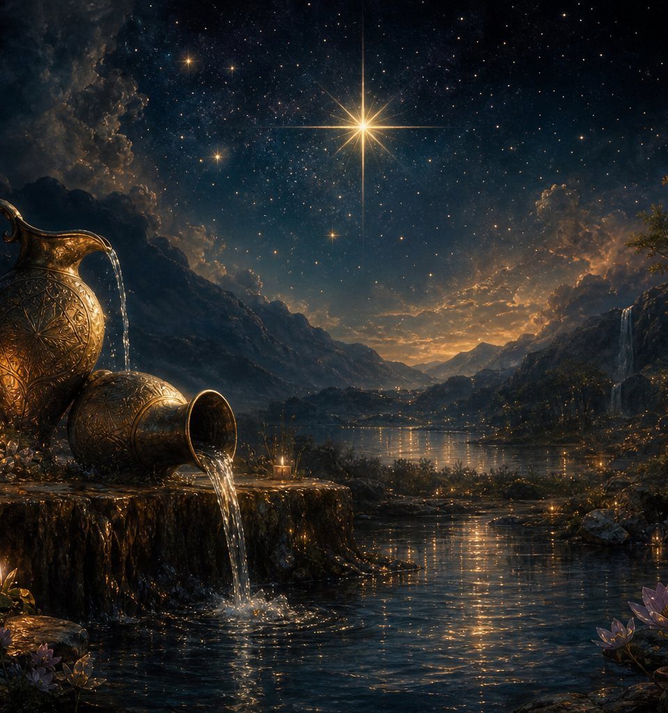A naked woman kneels by a pool under a large eight-pointed star surrounded by seven smaller stars, pouring water from one jug into the pool and from another onto the land, with a bird perched in a tree behind her