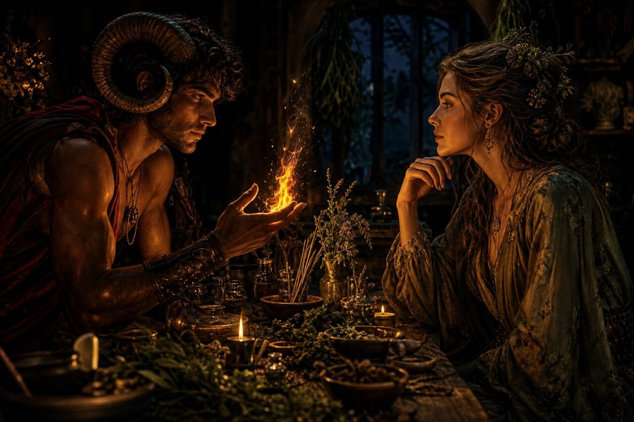 Virgo and Aries compatibility shown as fire meeting earth in a romantic astrology scene