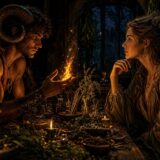 Virgo and Aries compatibility shown as fire meeting earth in a romantic astrology scene