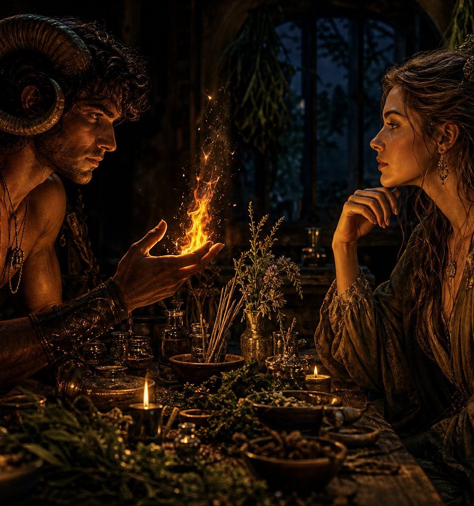 Virgo and Aries compatibility shown as fire meeting earth in a romantic astrology scene