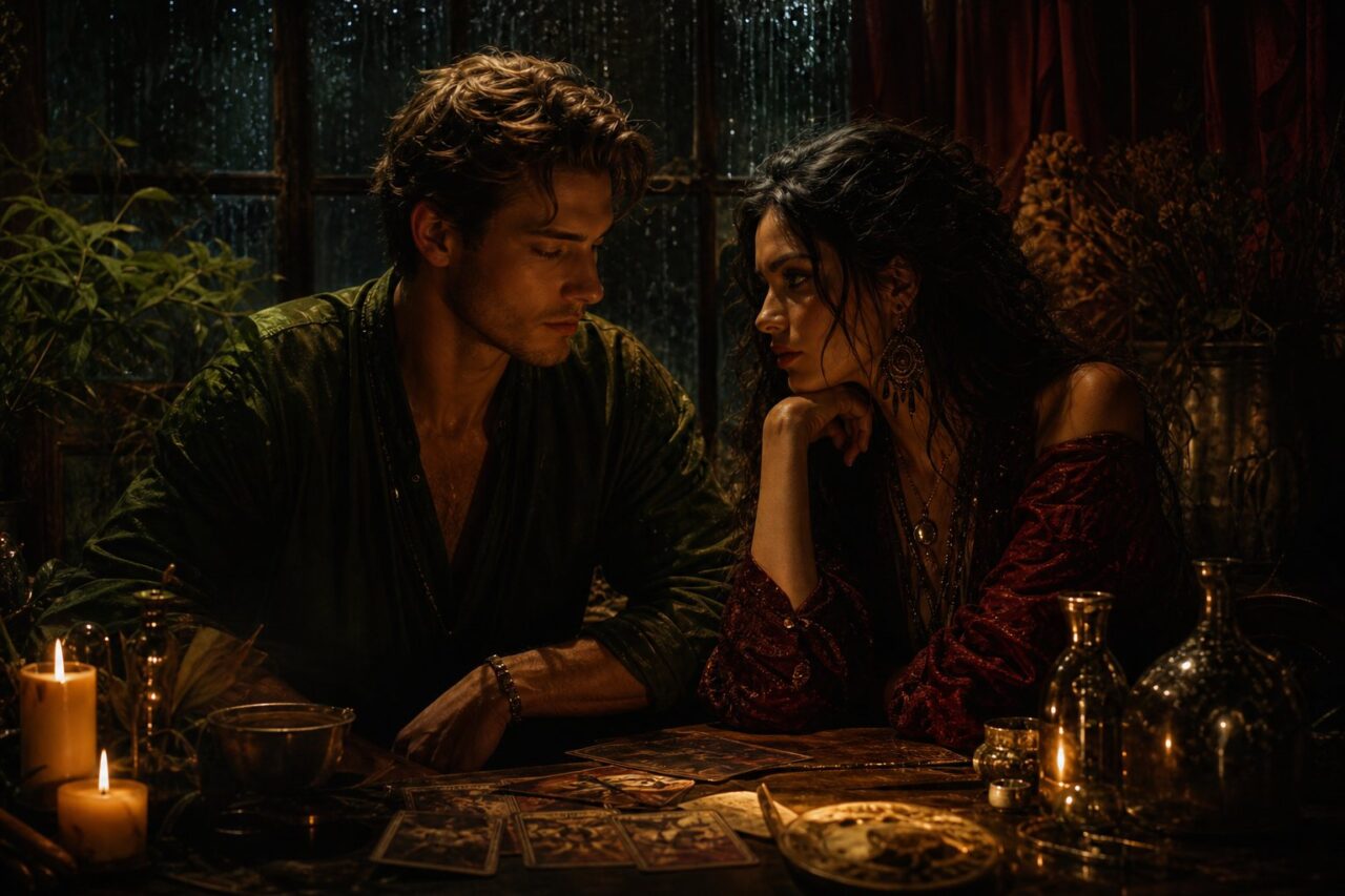 Virgo man and Scorpio woman sharing an intimate candlelit moment