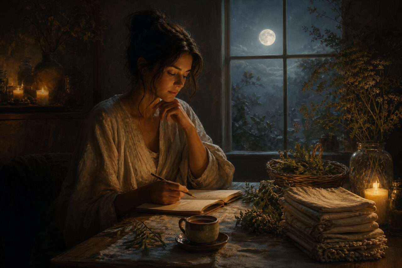 Virgo Moon person journaling by a moonlit window with herbs and tea