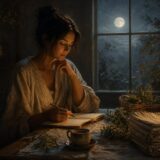 Virgo Moon person journaling by a moonlit window with herbs and tea