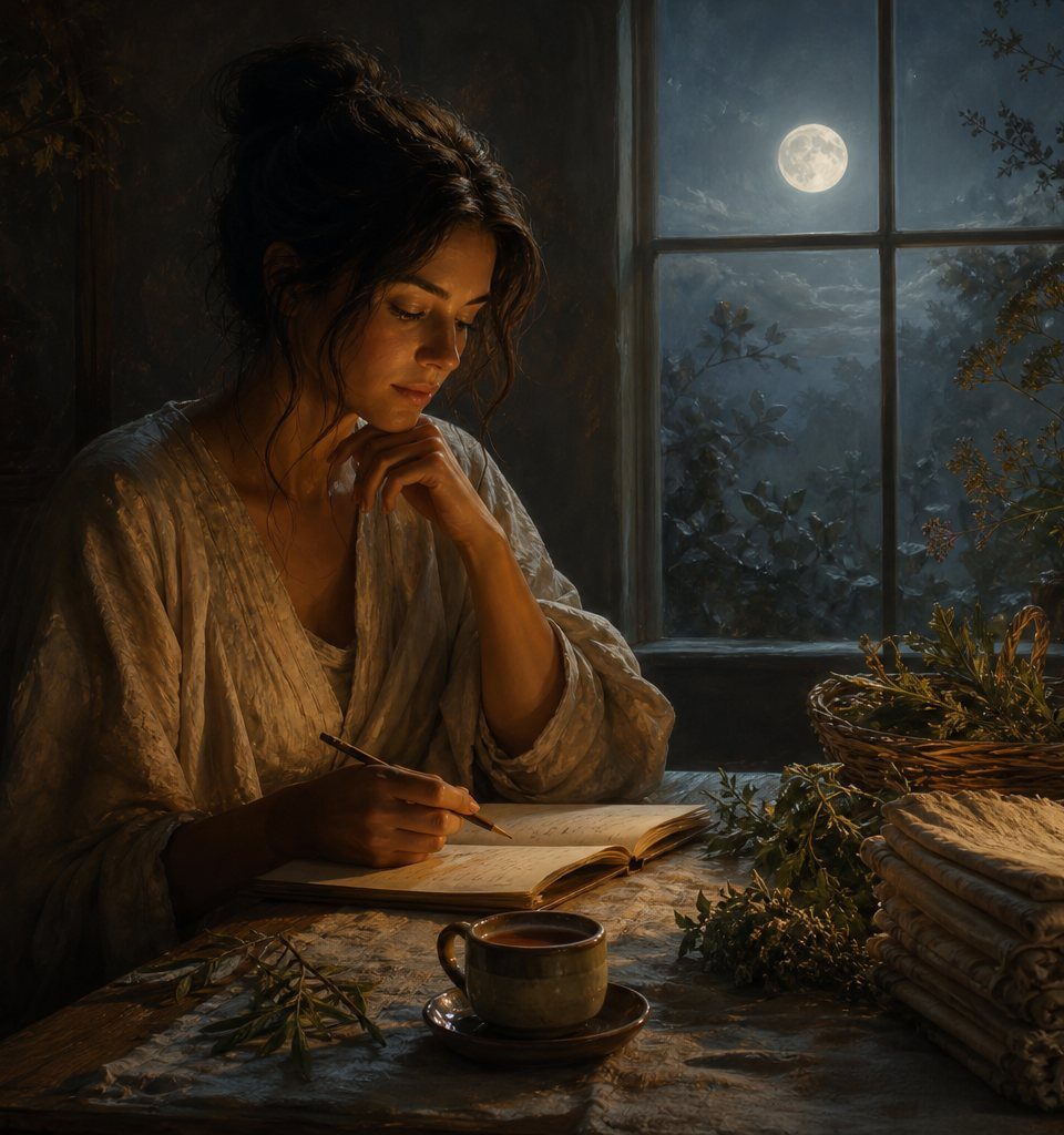 Virgo Moon person journaling by a moonlit window with herbs and tea