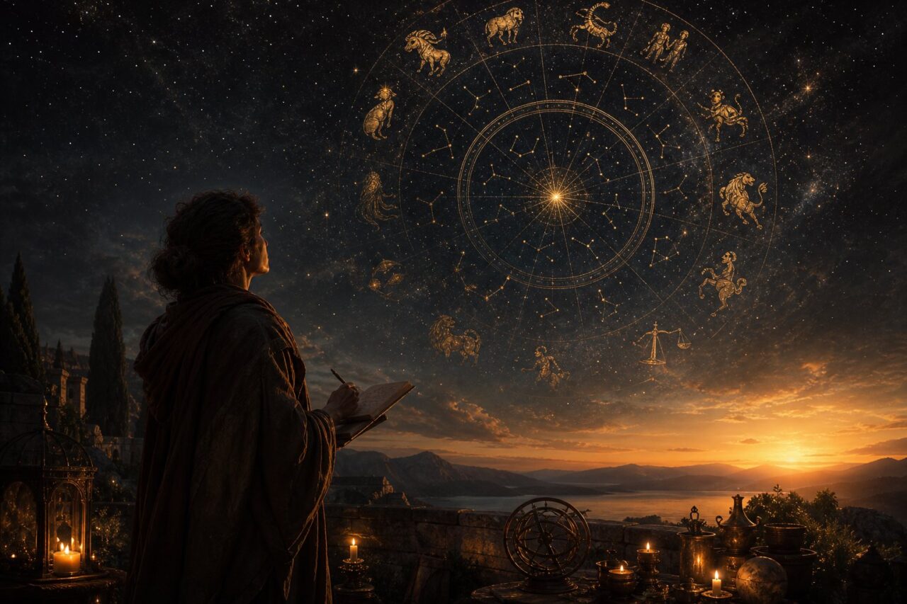 Person under a starry sky studying a glowing birth chart and rising horizon