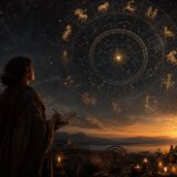 Person under a starry sky studying a glowing birth chart and rising horizon
