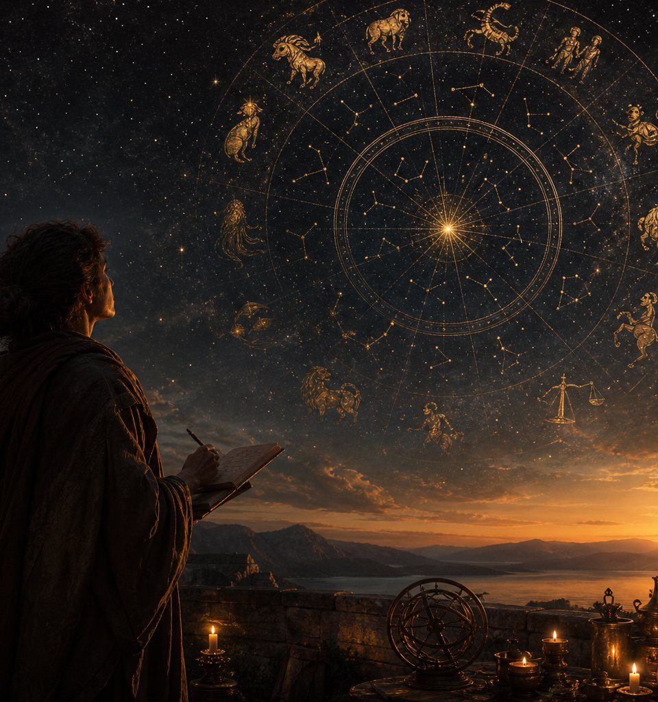 Person under a starry sky studying a glowing birth chart and rising horizon
