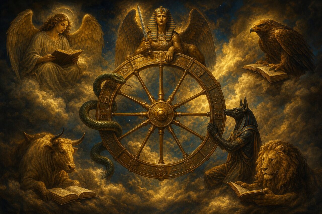 Wheel of Fortune with a wheel in clouds, a sphinx, a snake, a jackal-headed figure, and four winged figures reading books