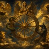 Wheel of Fortune with a wheel in clouds, a sphinx, a snake, a jackal-headed figure, and four winged figures reading books